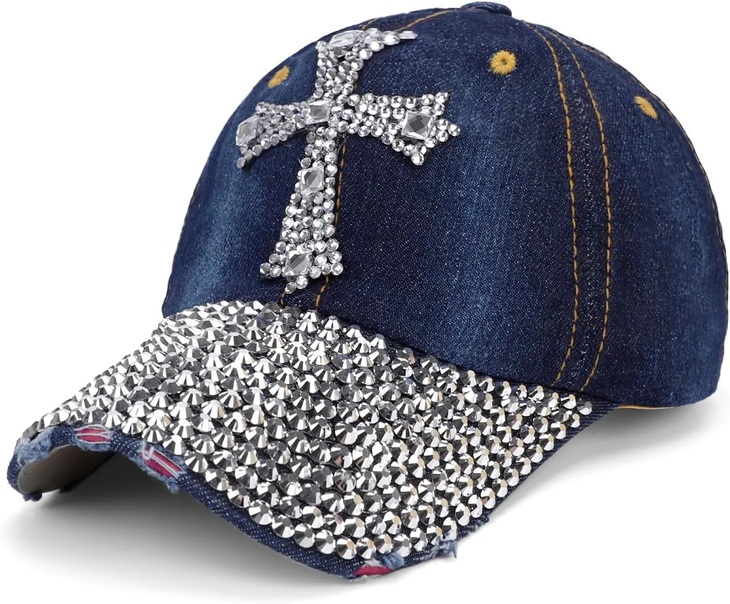 Song Qing Jean Snapback Hat Women Men Bling Cross Rhinestones Denim Baseball Cap