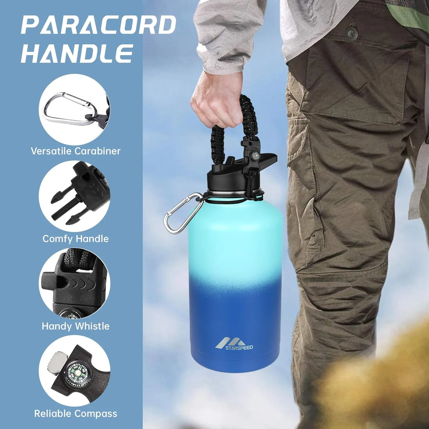 StarSpeed 64oz Insulated Water Bottle with Straws & 2 Lids, Half Gallon Stainless Steel Double Walled Vacuum Water Jug, Large Wide Mouth with Paracord Handle for Gym Camping Hiking, Green Blue