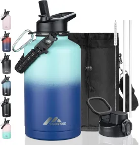 StarSpeed 64oz Insulated Water Bottle with Straws & 2 Lids, Half Gallon Stainless Steel Double Walled Vacuum Water Jug, Large Wide Mouth with Paracord Handle for Gym Camping Hiking, Green Blue