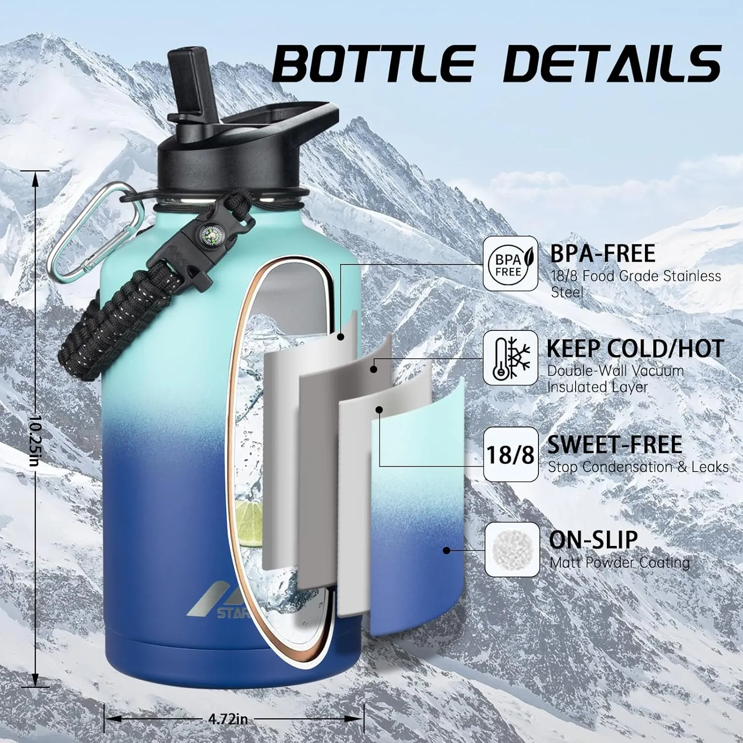 StarSpeed 64oz Insulated Water Bottle with Straws & 2 Lids, Half Gallon Stainless Steel Double Walled Vacuum Water Jug, Large Wide Mouth with Paracord Handle for Gym Camping Hiking, Green Blue