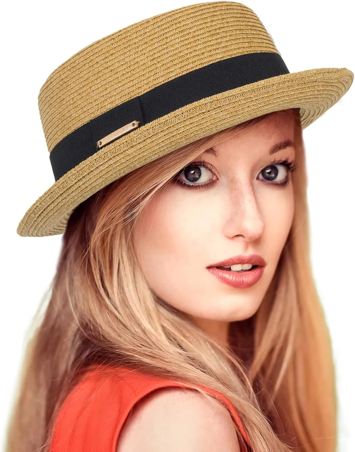 Straw Boater Hat for Women Men, Foldable Flat Brim Panama Hat, Beach Sun Hat UV-Protection, Fedora Derby Pork-Pie Hat