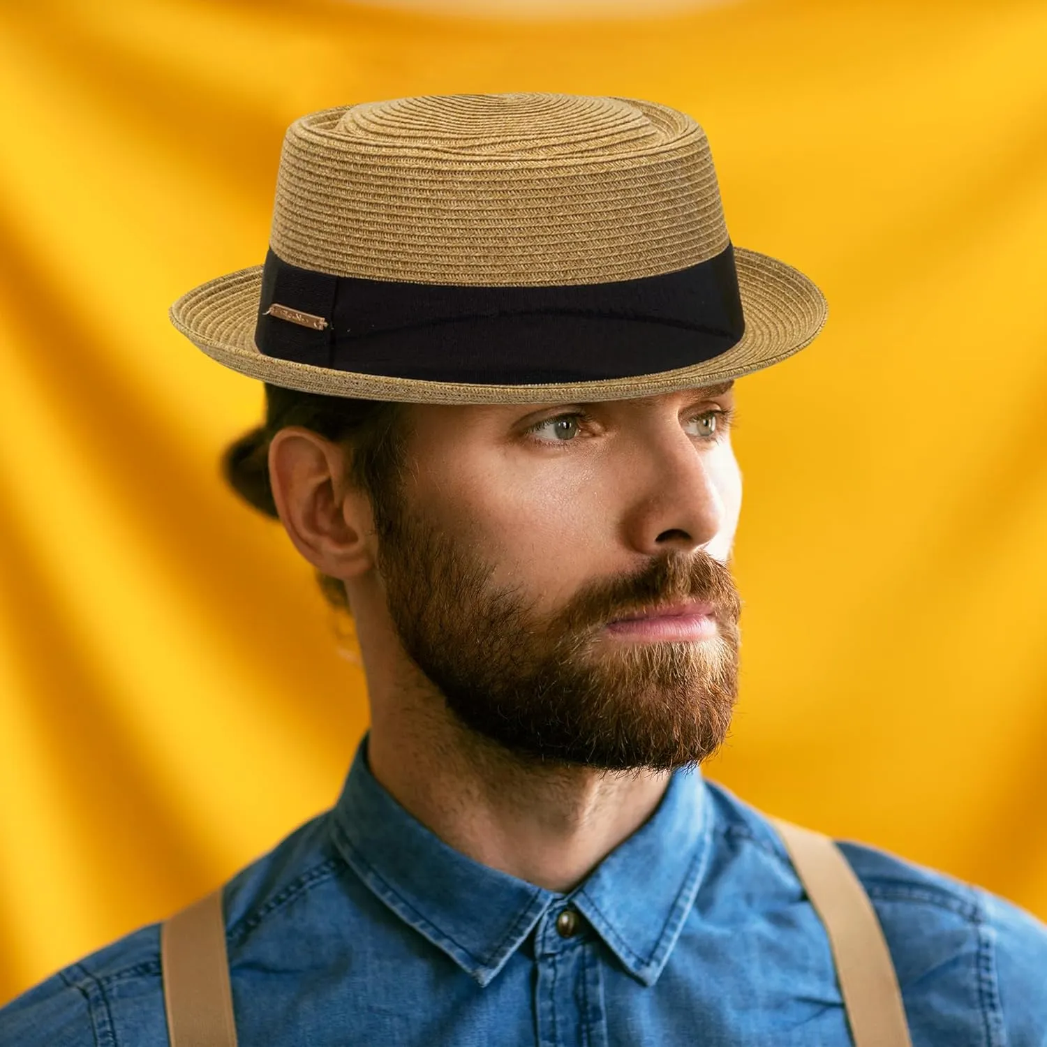 Straw Boater Hat for Women Men, Foldable Flat Brim Panama Hat, Beach Sun Hat UV-Protection, Fedora Derby Pork-Pie Hat