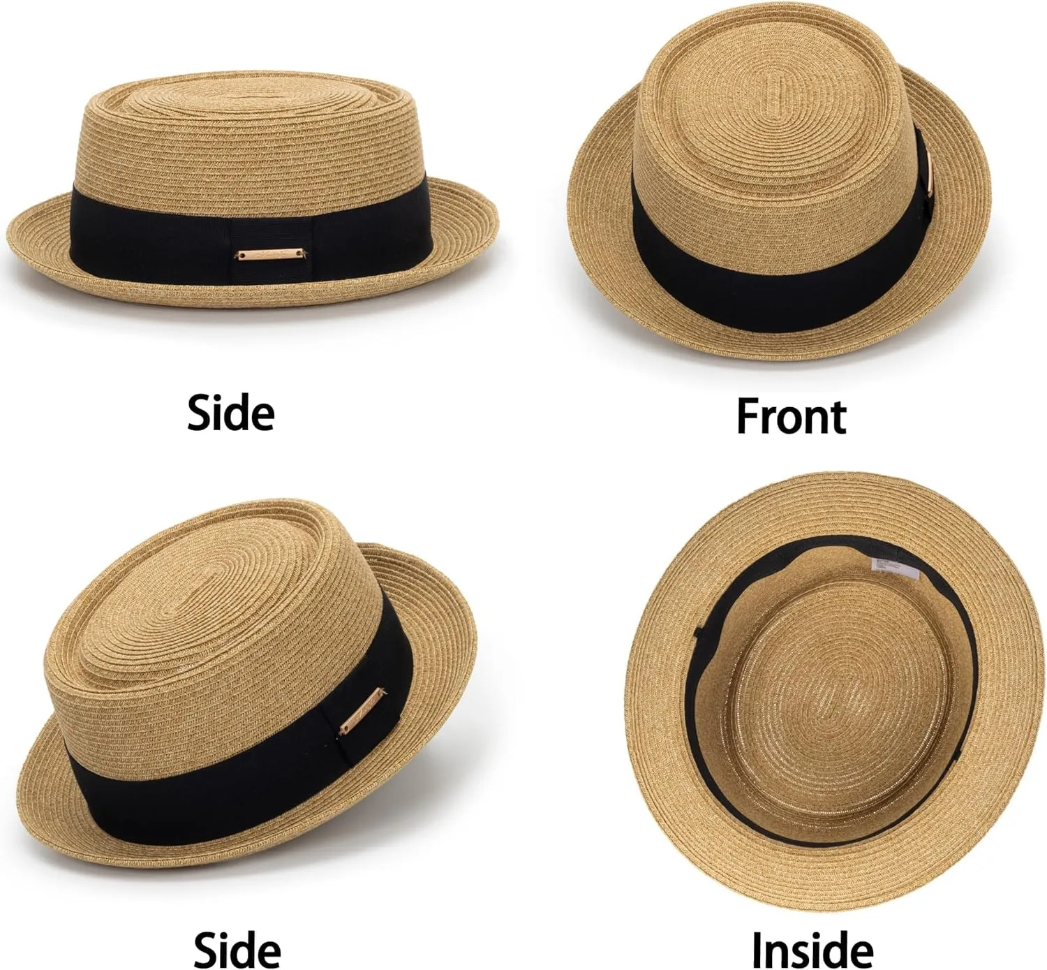 Straw Boater Hat for Women Men, Foldable Flat Brim Panama Hat, Beach Sun Hat UV-Protection, Fedora Derby Pork-Pie Hat