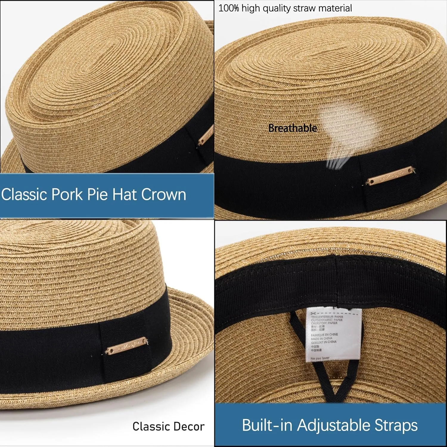 Straw Boater Hat for Women Men, Foldable Flat Brim Panama Hat, Beach Sun Hat UV-Protection, Fedora Derby Pork-Pie Hat