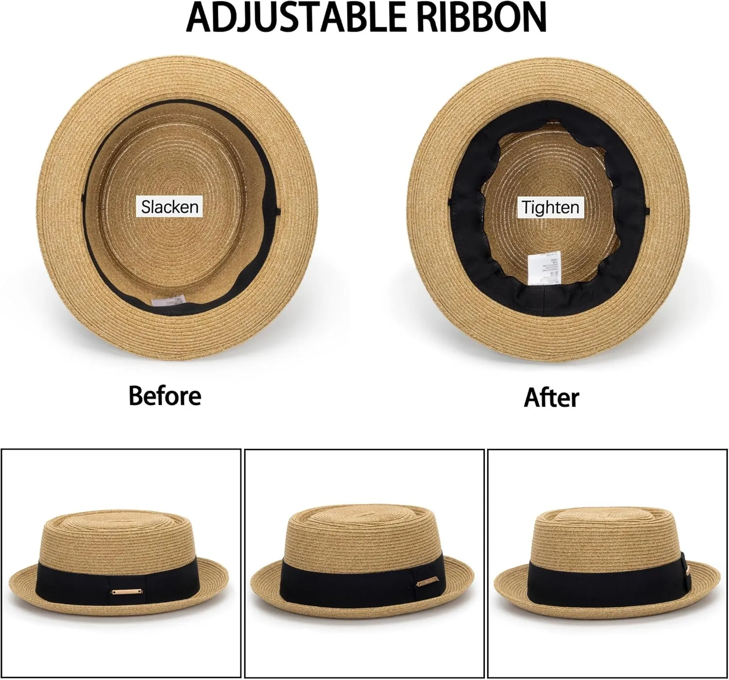 Straw Boater Hat for Women Men, Foldable Flat Brim Panama Hat, Beach Sun Hat UV-Protection, Fedora Derby Pork-Pie Hat