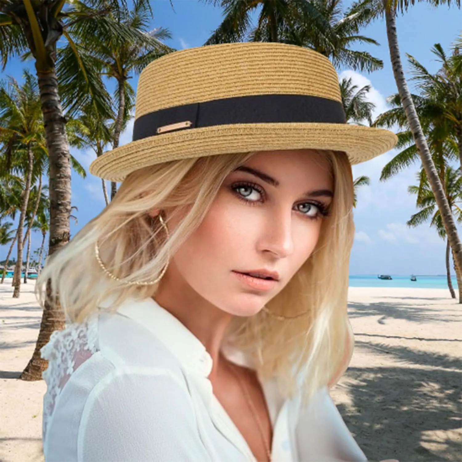 Straw Boater Hat for Women Men, Foldable Flat Brim Panama Hat, Beach Sun Hat UV-Protection, Fedora Derby Pork-Pie Hat