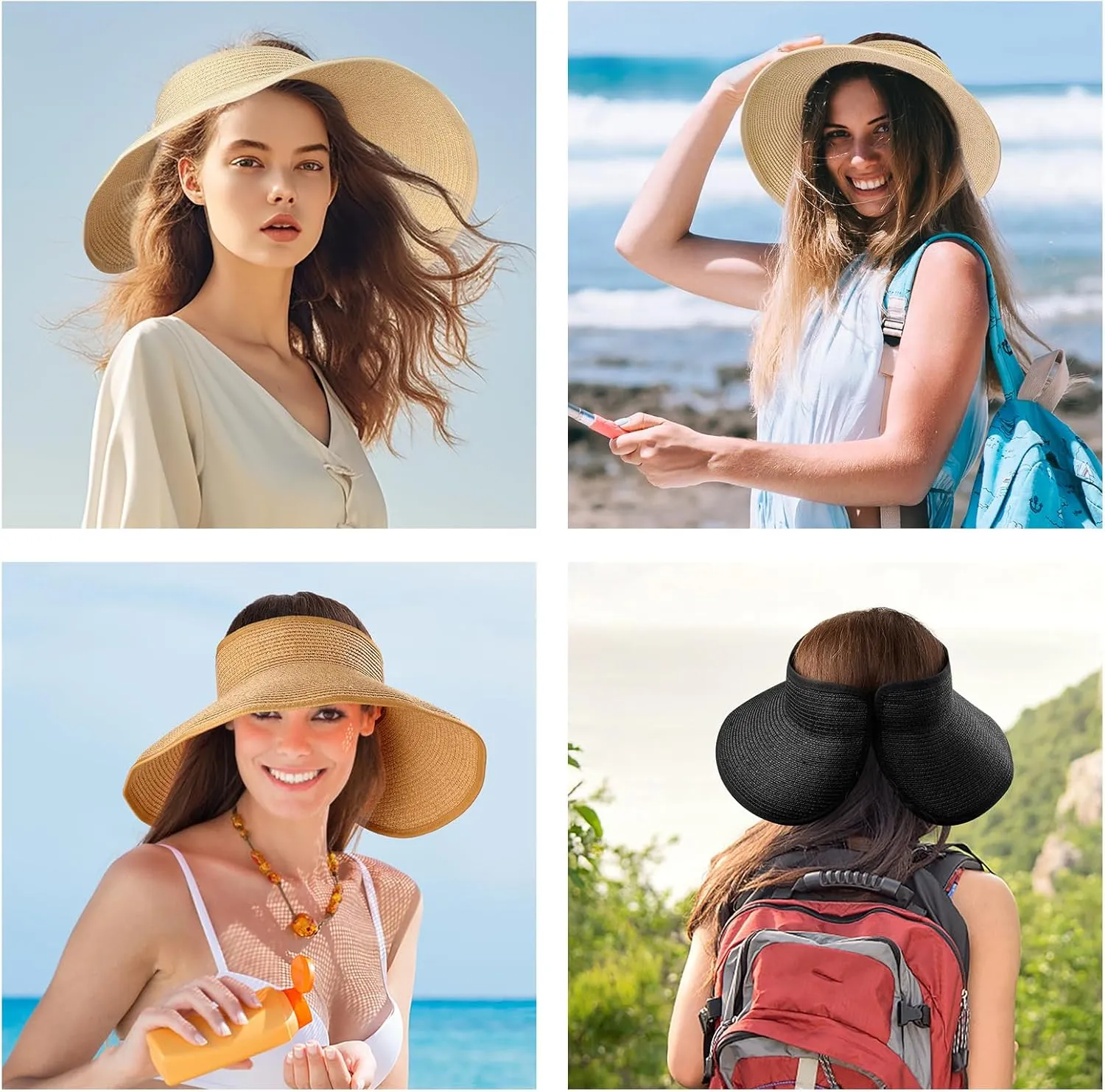 Sun Visor Hats for Women, Summer Packable Straw Beach Hat UV Protection 2025, Women's Ponytail Hat, Foldable Travel