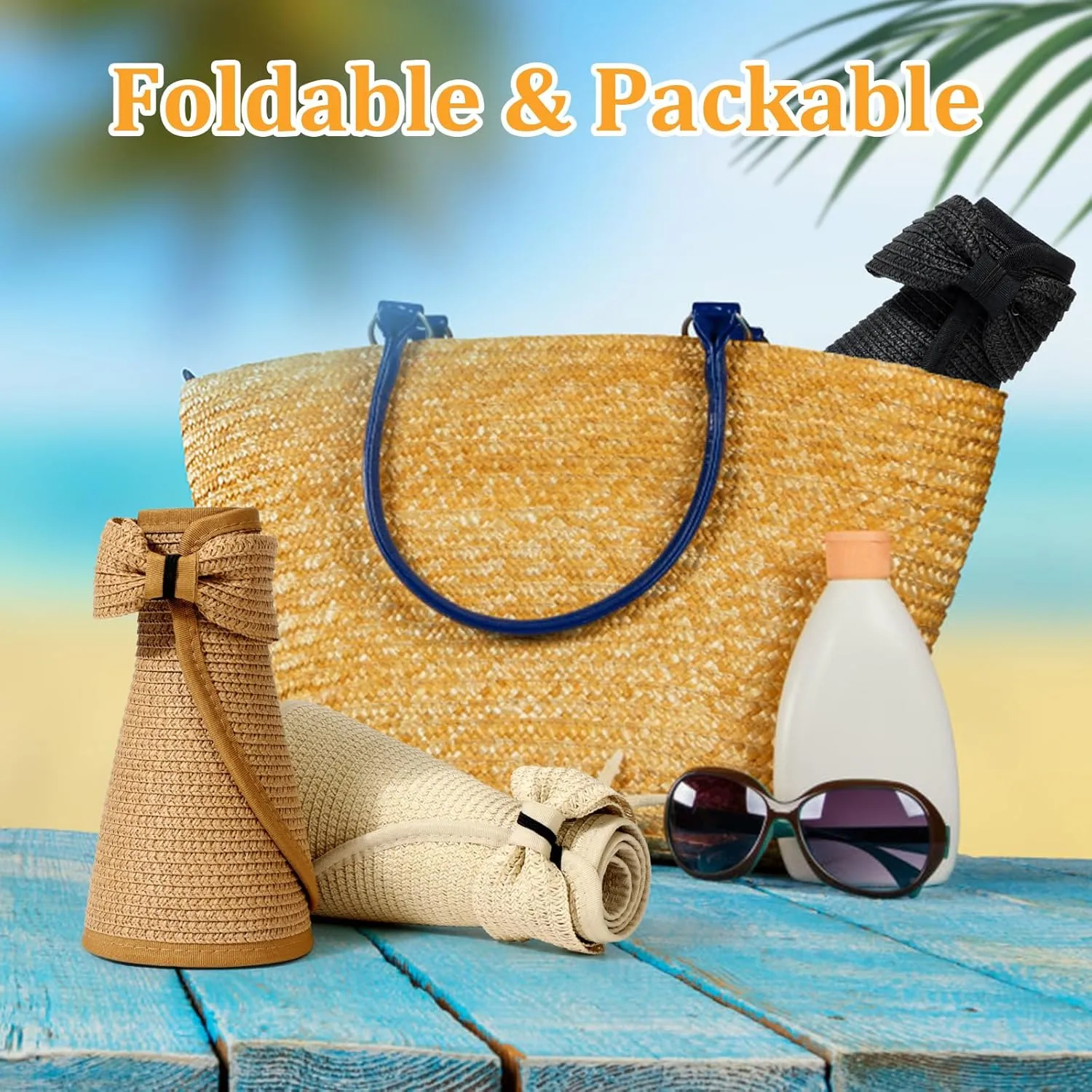Sun Visor Hats for Women, Summer Packable Straw Beach Hat UV Protection 2025, Women's Ponytail Hat, Foldable Travel