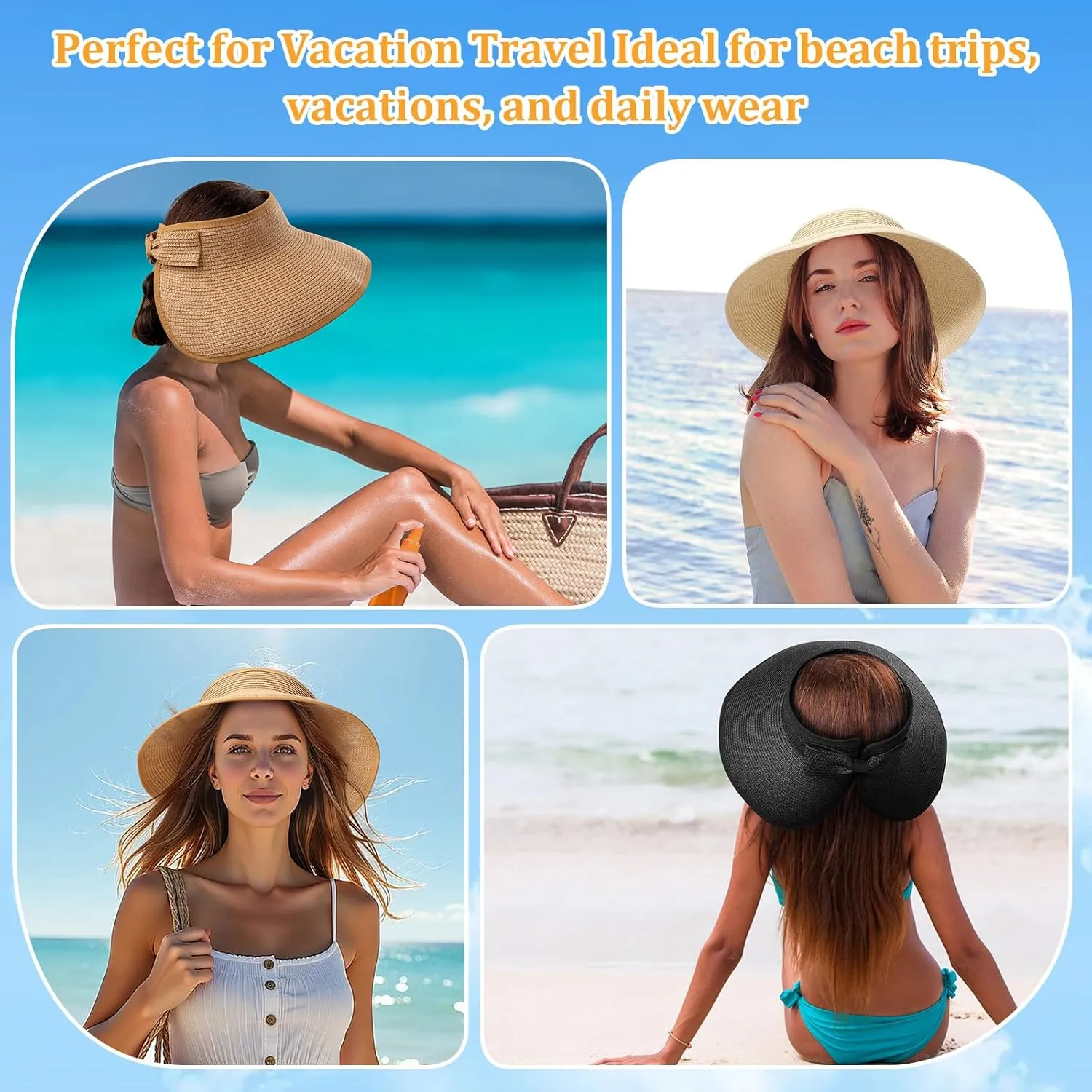 Sun Visor Hats for Women, Summer Packable Straw Beach Hat UV Protection 2025, Women's Ponytail Hat, Foldable Travel