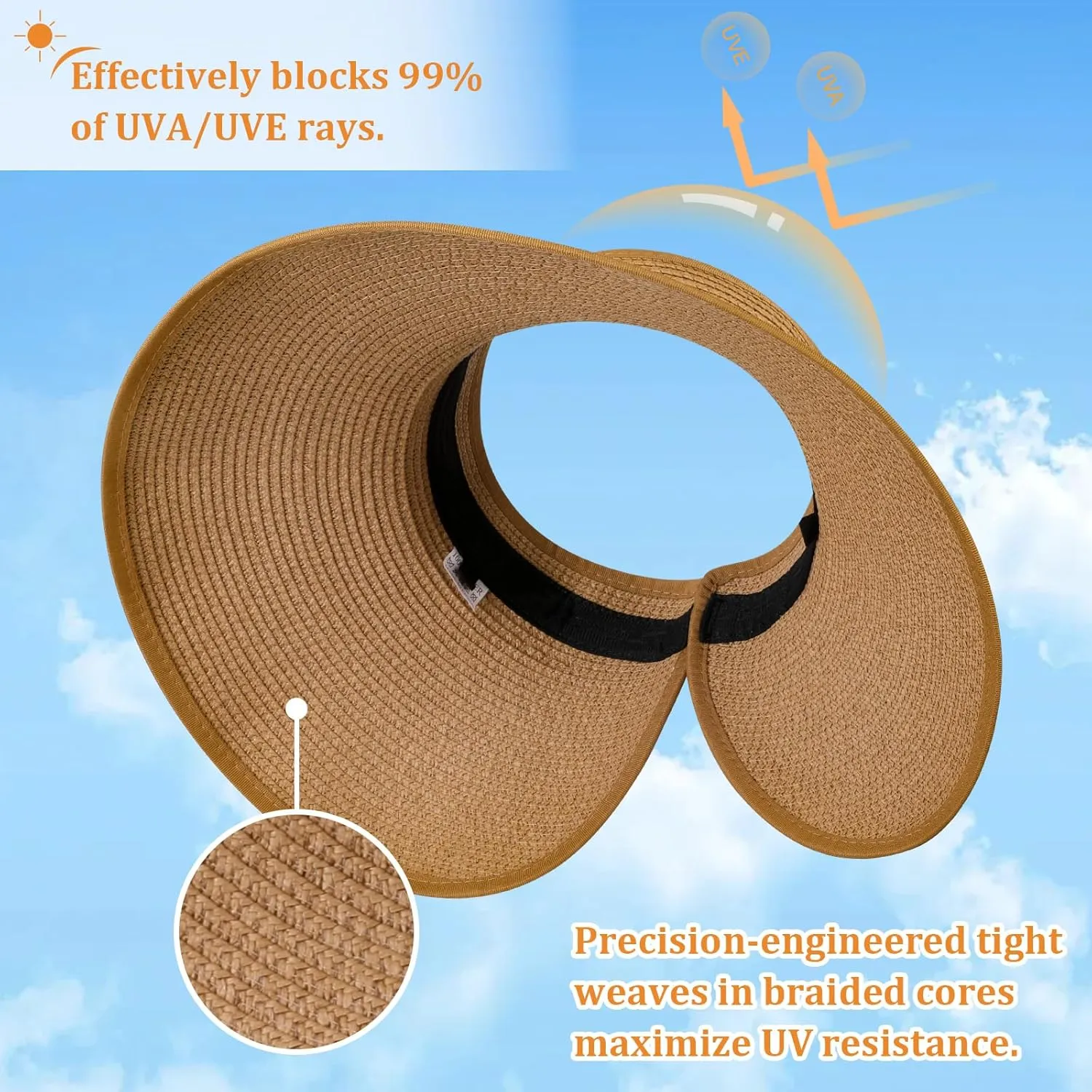 Sun Visor Hats for Women, Summer Packable Straw Beach Hat UV Protection 2025, Women's Ponytail Hat, Foldable Travel