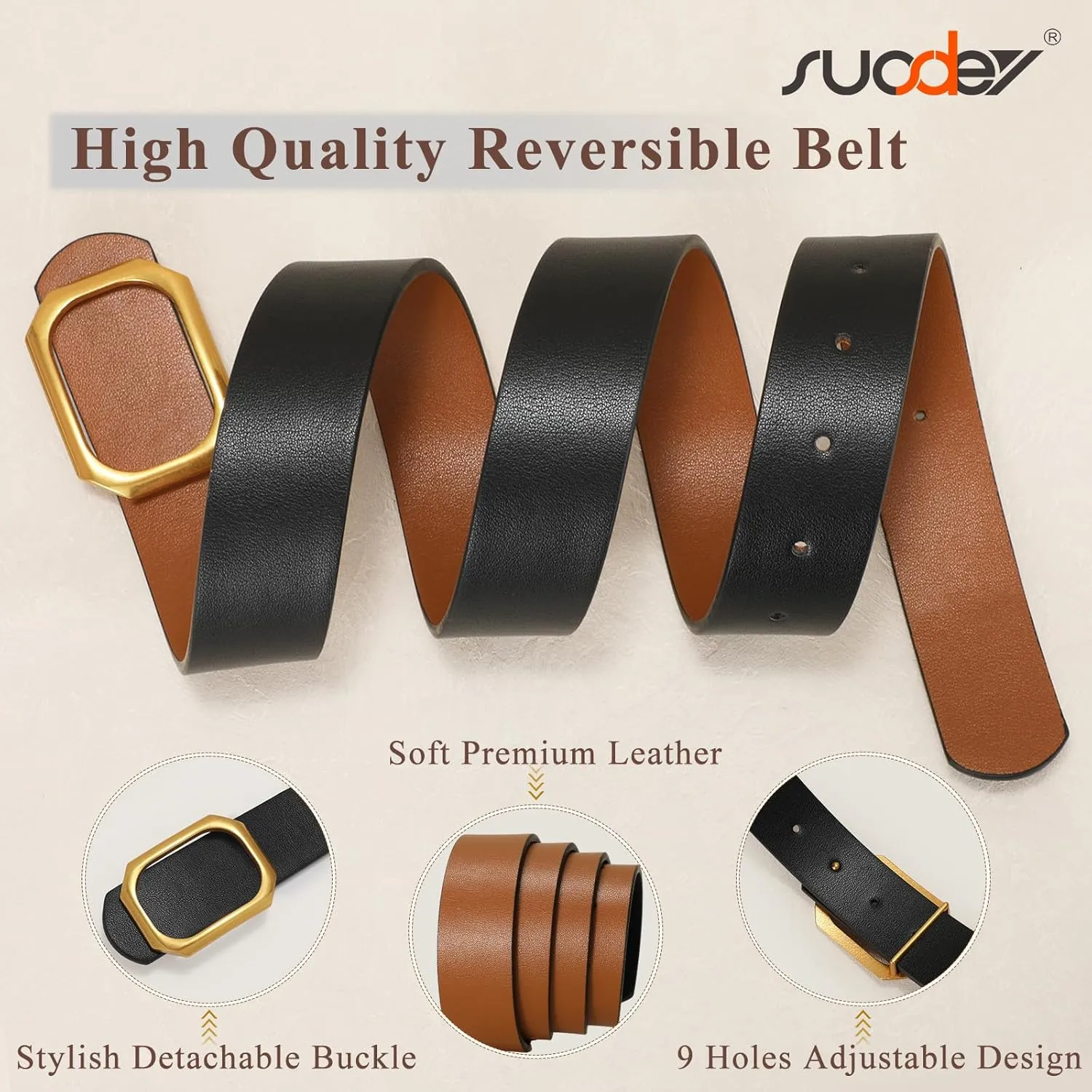 SUOSDEY Women Reversible Leather Belt for Jeans Pants Dresses Ladies Waist Belt, 1.3" Width