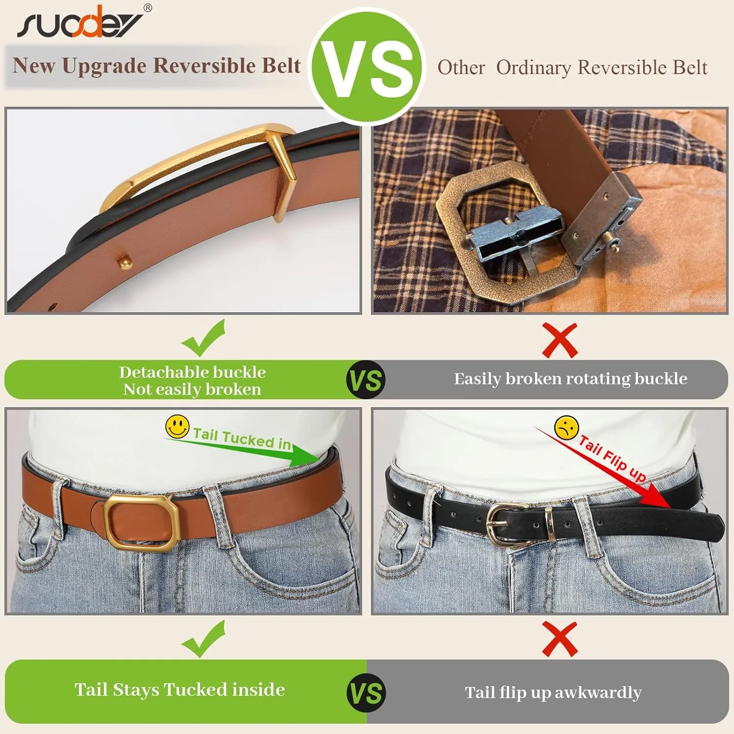 SUOSDEY Women Reversible Leather Belt for Jeans Pants Dresses Ladies Waist Belt, 1.3" Width