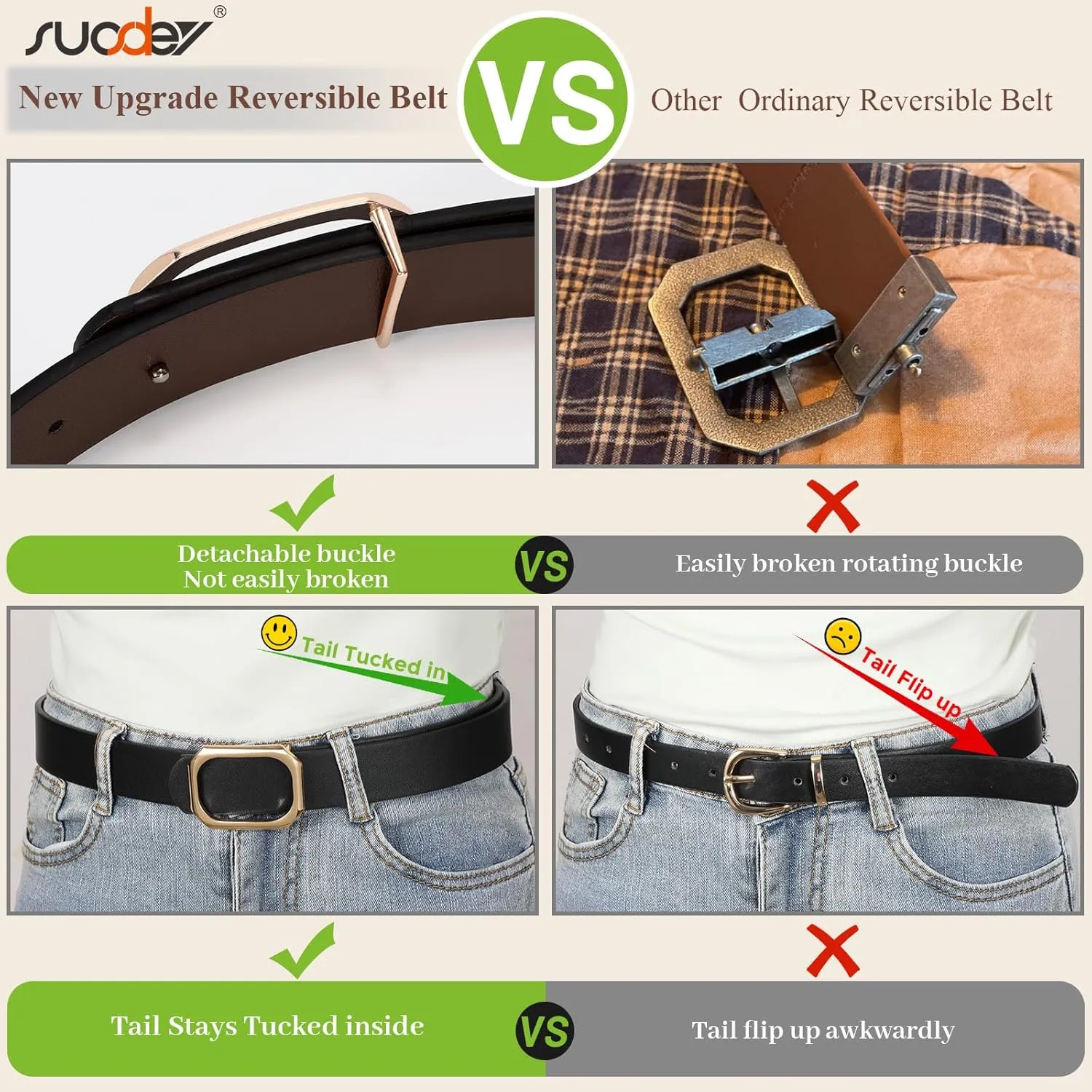 SUOSDEY Women Reversible Leather Belt for Jeans Pants Dresses Ladies Waist Belt, 1.3" Width