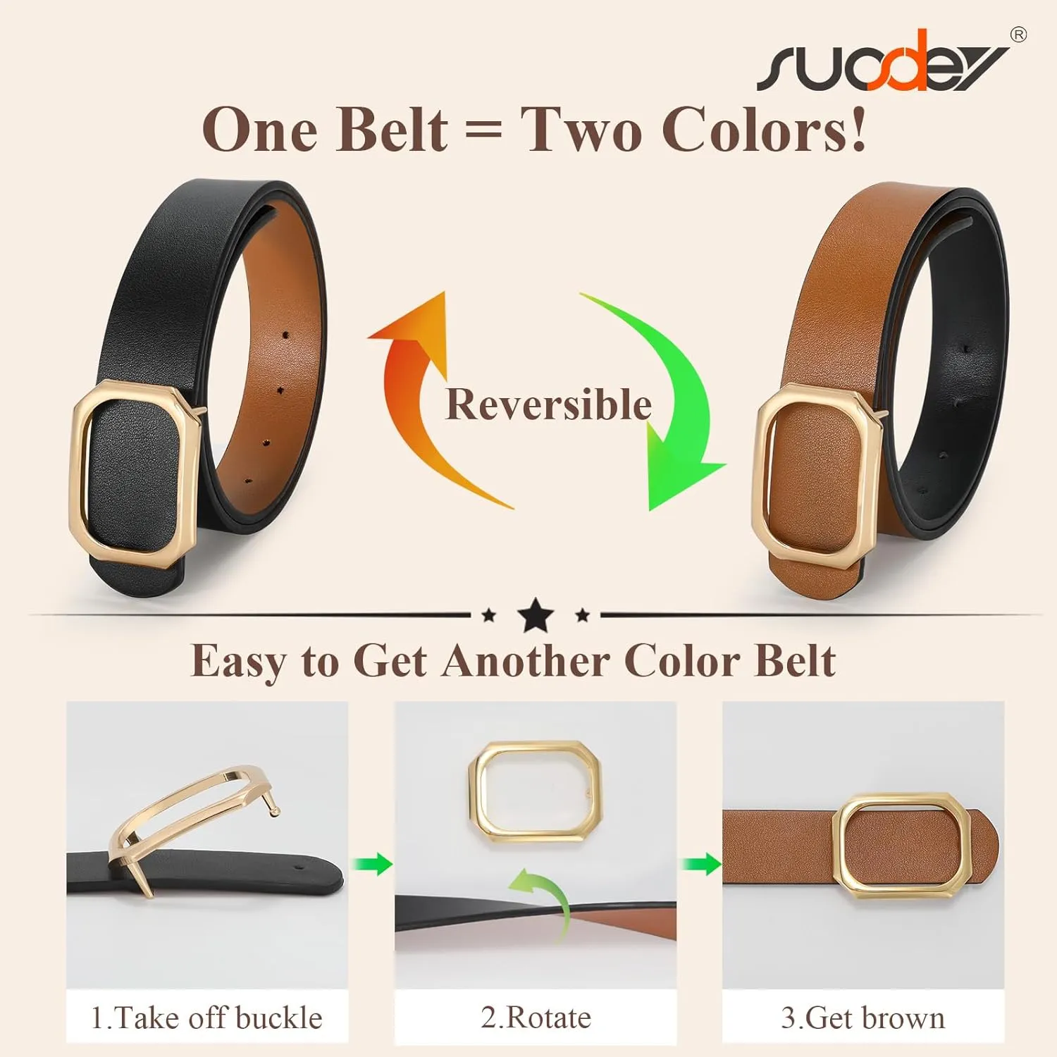 SUOSDEY Women Reversible Leather Belt for Jeans Pants Dresses Ladies Waist Belt, 1.3" Width