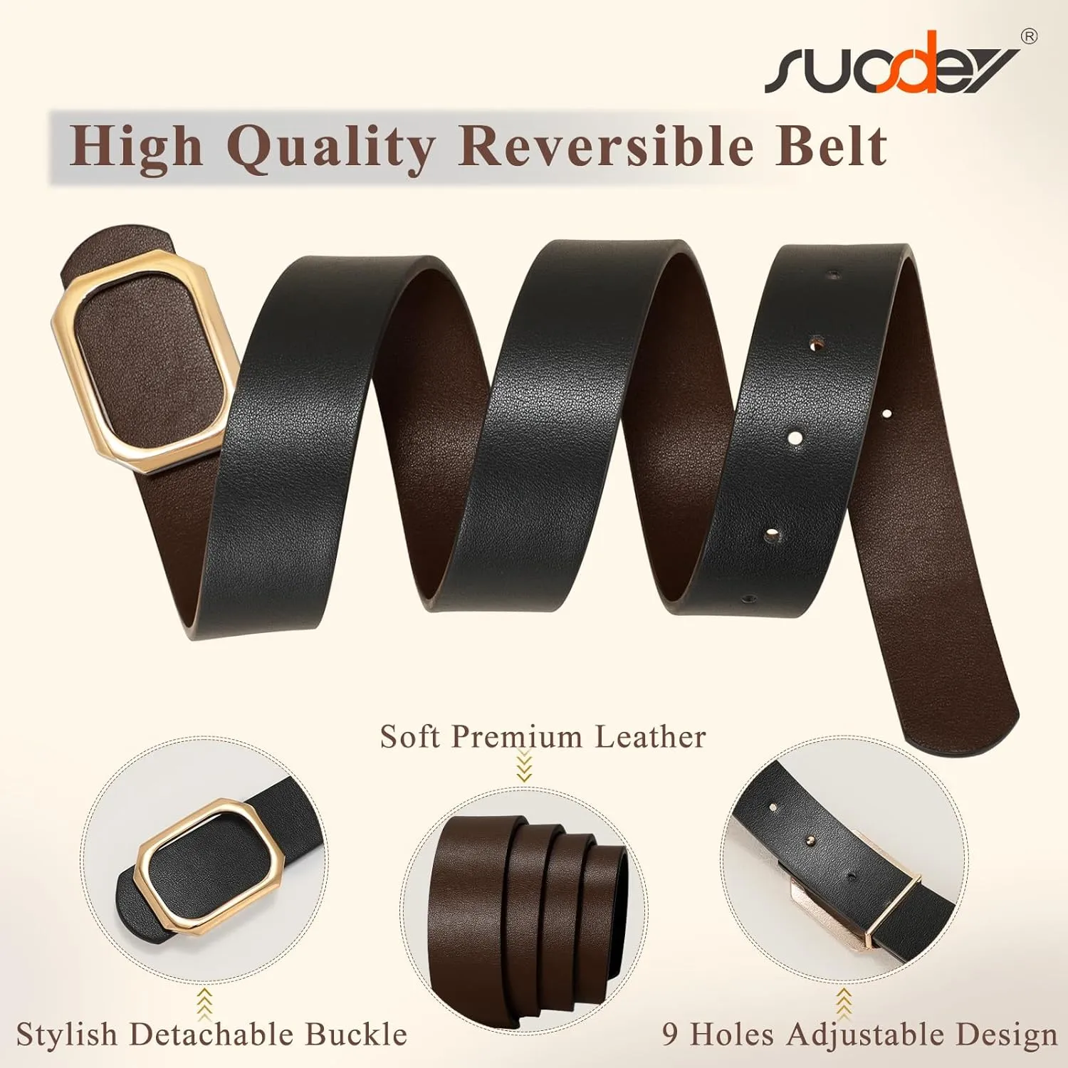 SUOSDEY Women Reversible Leather Belt for Jeans Pants Dresses Ladies Waist Belt, 1.3" Width