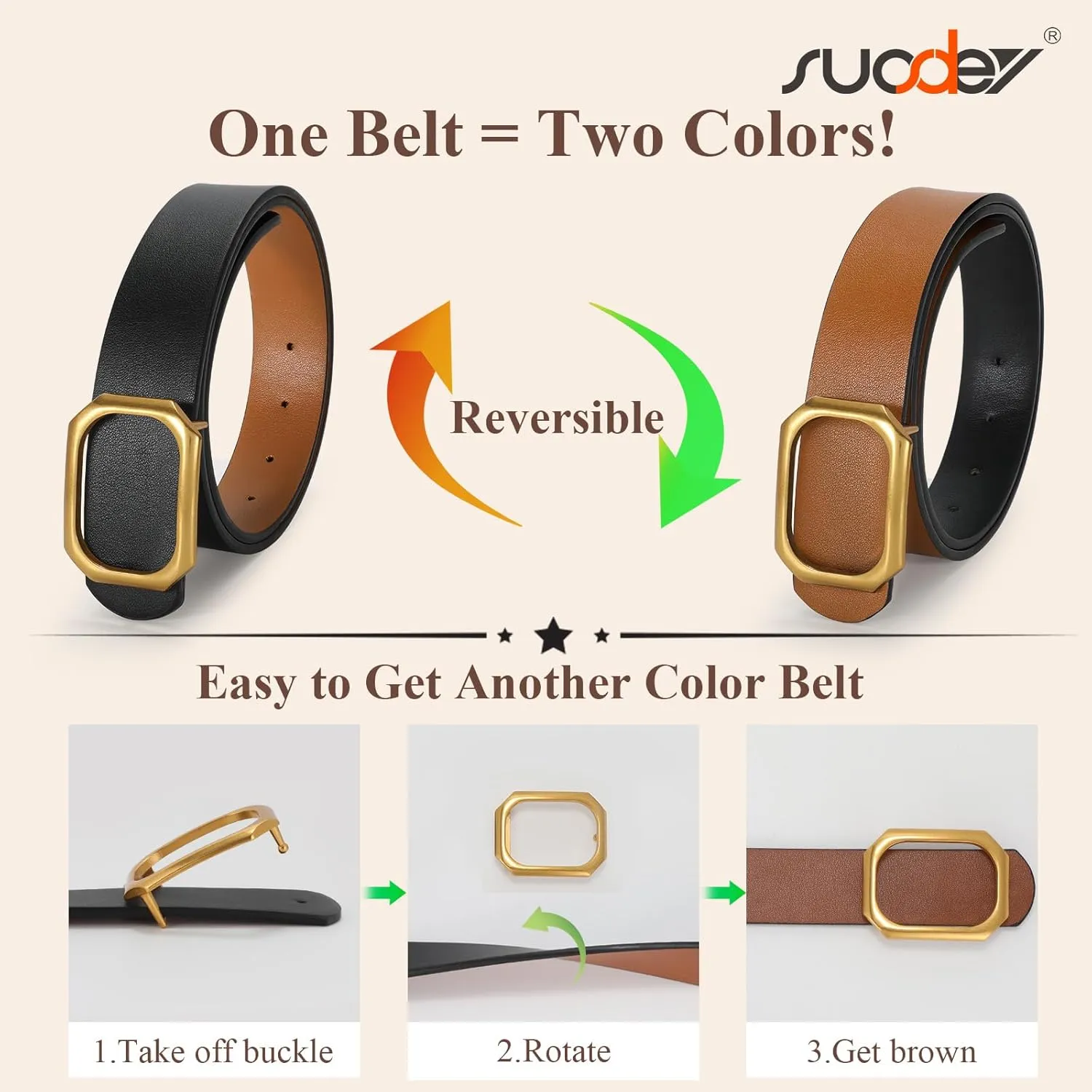 SUOSDEY Women Reversible Leather Belt for Jeans Pants Dresses Ladies Waist Belt, 1.3" Width