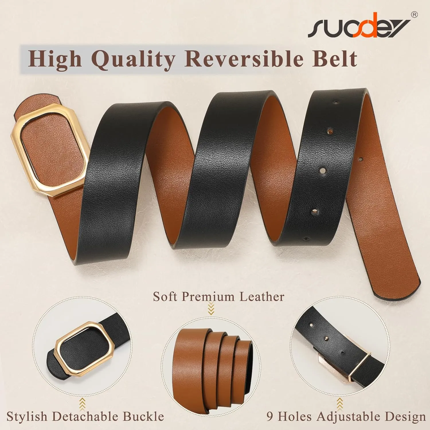 SUOSDEY Women Reversible Leather Belt for Jeans Pants Dresses Ladies Waist Belt, 1.3" Width