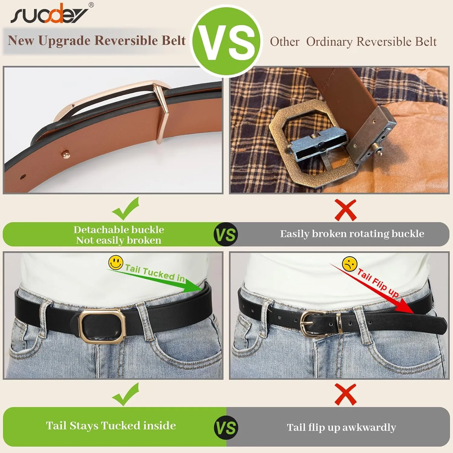 SUOSDEY Women Reversible Leather Belt for Jeans Pants Dresses Ladies Waist Belt, 1.3" Width