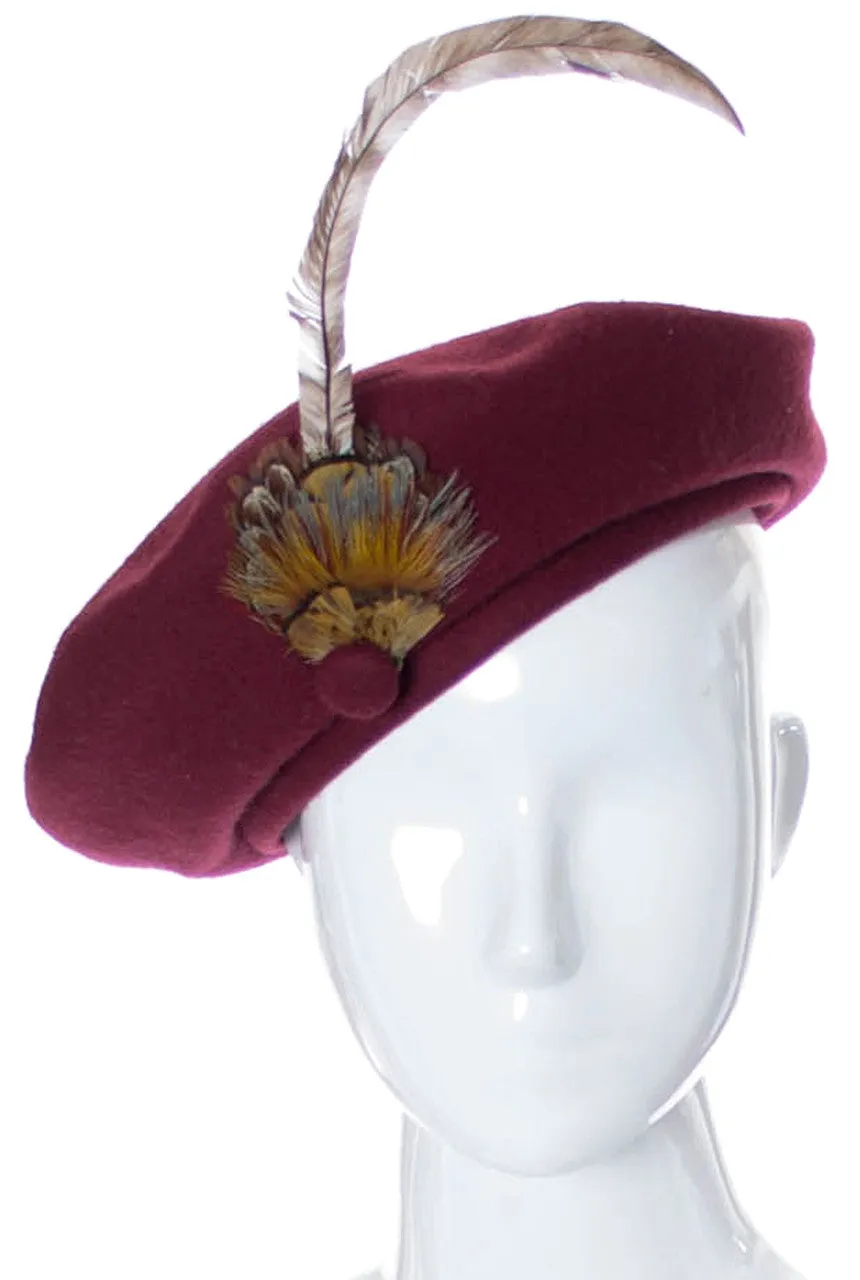 Vintage Adolfo II wool beret hat with feather