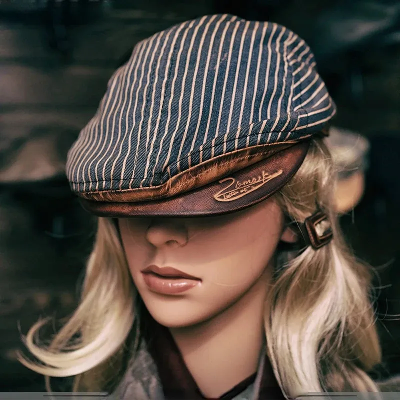 Vintage Striped Leather Beret for Men - Casual and Stylish