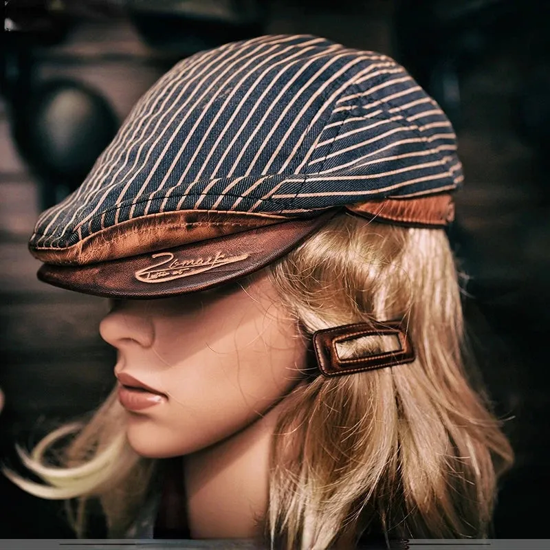 Vintage Striped Leather Beret for Men - Casual and Stylish