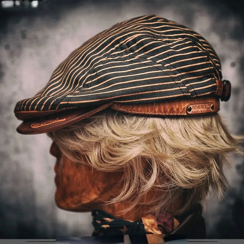 Vintage Striped Leather Beret for Men - Casual and Stylish