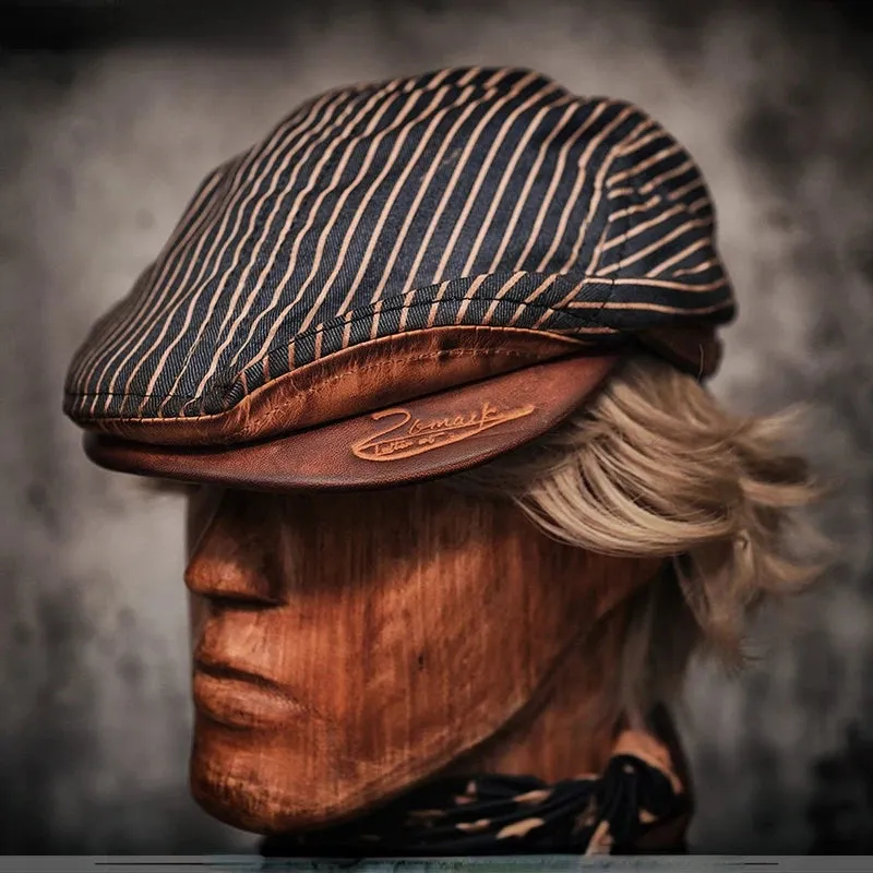 Vintage Striped Leather Beret for Men - Casual and Stylish