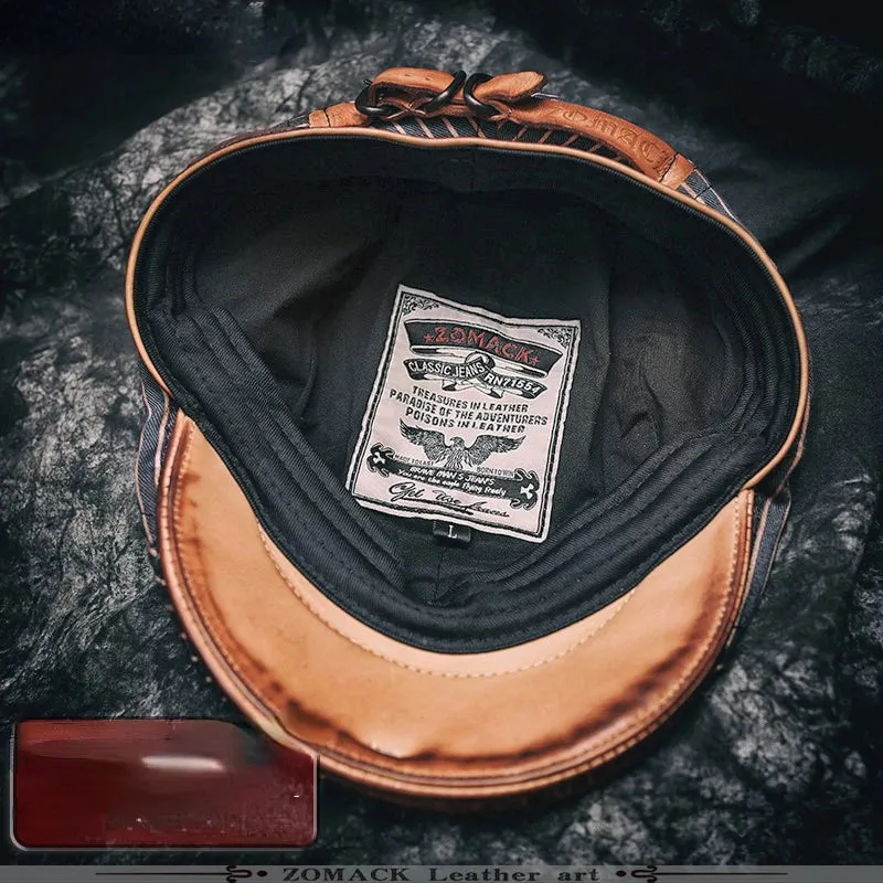 Vintage Striped Leather Beret for Men - Casual and Stylish