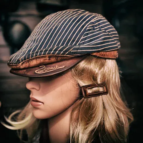 Vintage Striped Leather Beret for Men - Casual and Stylish