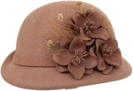 Women Floral Solid Hat Warm Wool Felt Flower Mesh Flower Hat Wide Brim Hat Autumn Winter