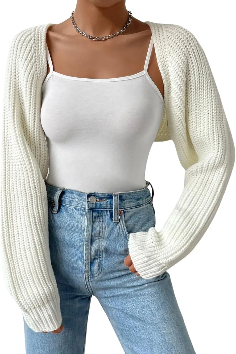 Women Open Front Ribbed Knit Crop Bolero Drop Shoulder Long Sleeve Solid Loose Fit Knitted Crop Cardigan Shrug