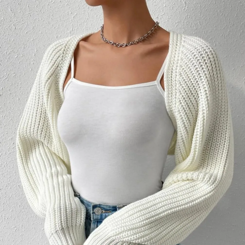 Women Open Front Ribbed Knit Crop Bolero Drop Shoulder Long Sleeve Solid Loose Fit Knitted Crop Cardigan Shrug
