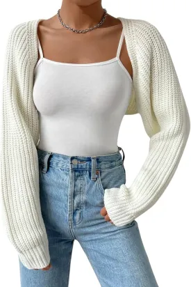 Women Open Front Ribbed Knit Crop Bolero Drop Shoulder Long Sleeve Solid Loose Fit Knitted Crop Cardigan Shrug