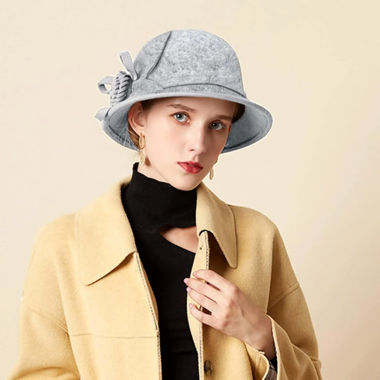 Women Solid Color Winter Hat Wool Cloche Bucket with Bow Women's Imitation Wool Fel Flowers Church Bowler Hats
