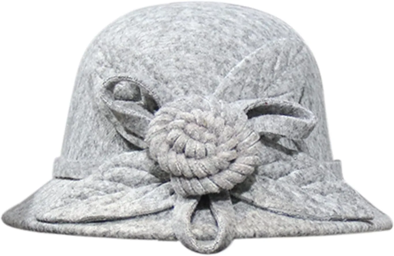Women Solid Color Winter Hat Wool Cloche Bucket with Bow Women's Imitation Wool Fel Flowers Church Bowler Hats