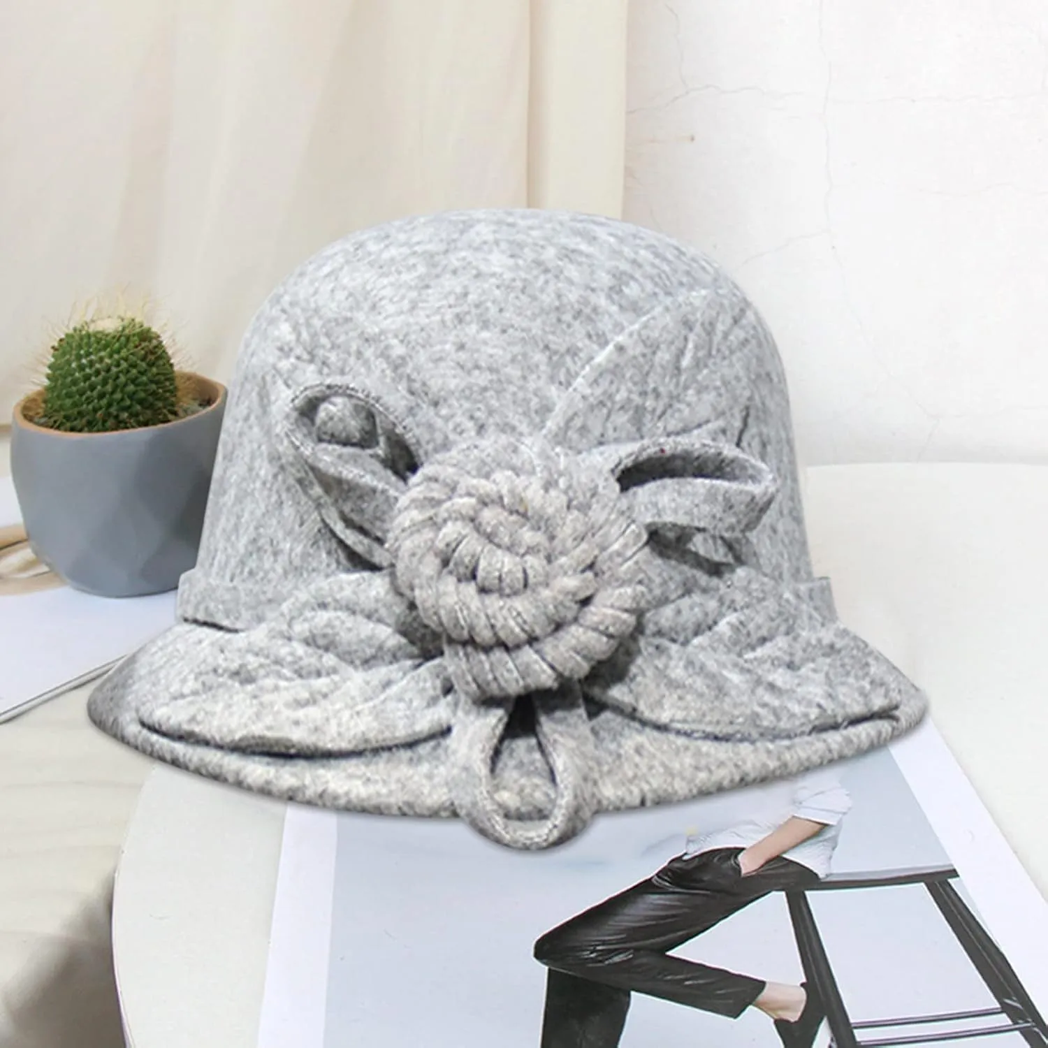 Women Solid Color Winter Hat Wool Cloche Bucket with Bow Women's Imitation Wool Fel Flowers Church Bowler Hats