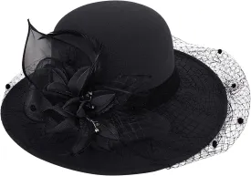 Women's Imitation Wool Fel Flowers Church Bowler Hats Women Solid Color Winter Hat Wool Cloche Bucket with Bow