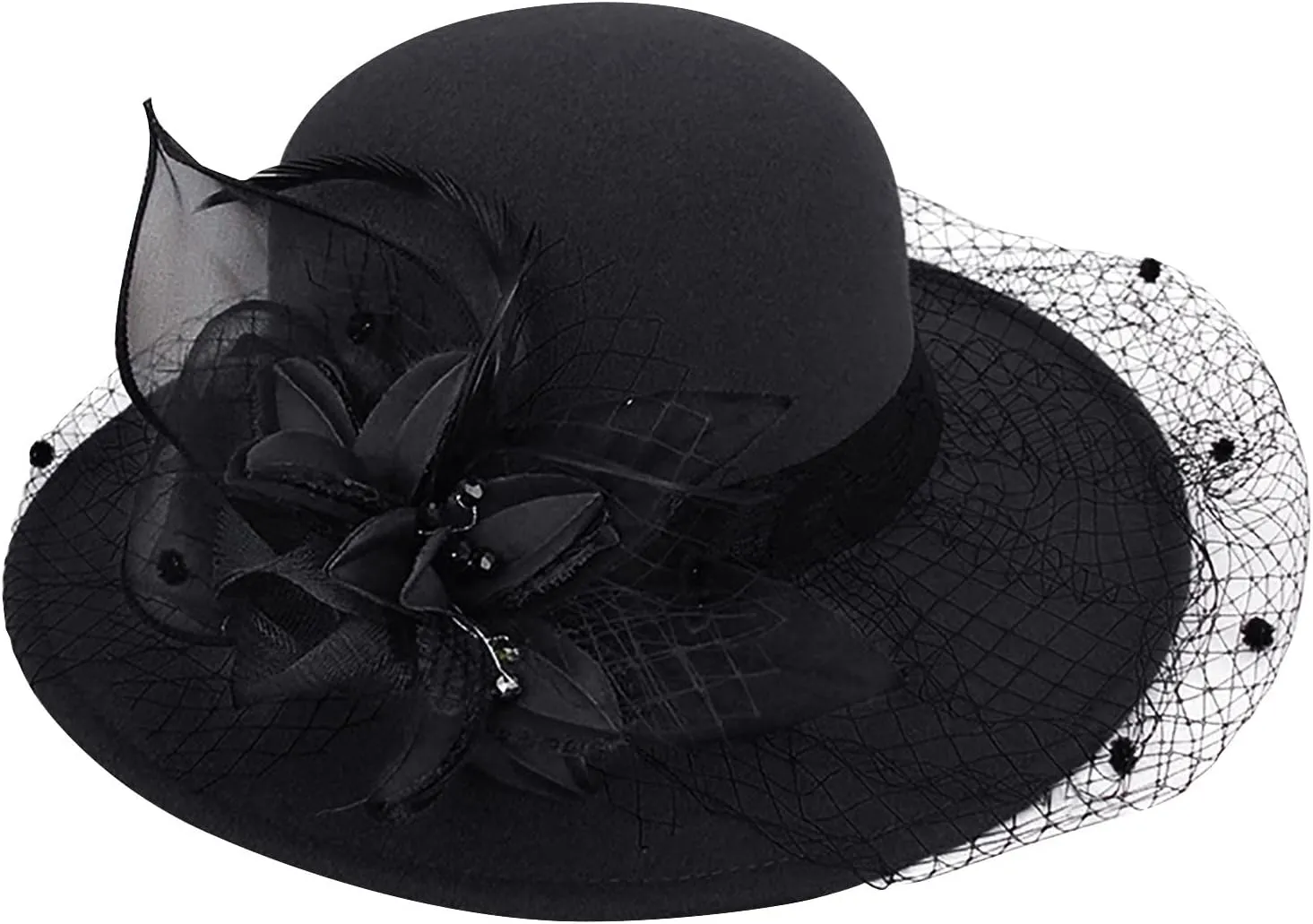 Women's Imitation Wool Fel Flowers Church Bowler Hats Women Solid Color Winter Hat Wool Cloche Bucket with Bow