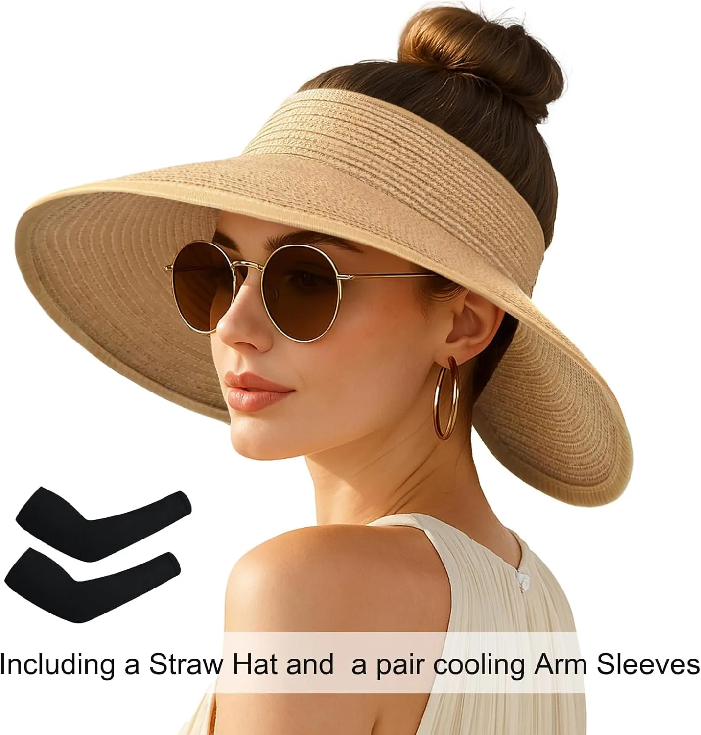 Women's Sun Visor Hats Wide Brim Straw Beach Hat Ponytail Hats for Women Foldable Floppy