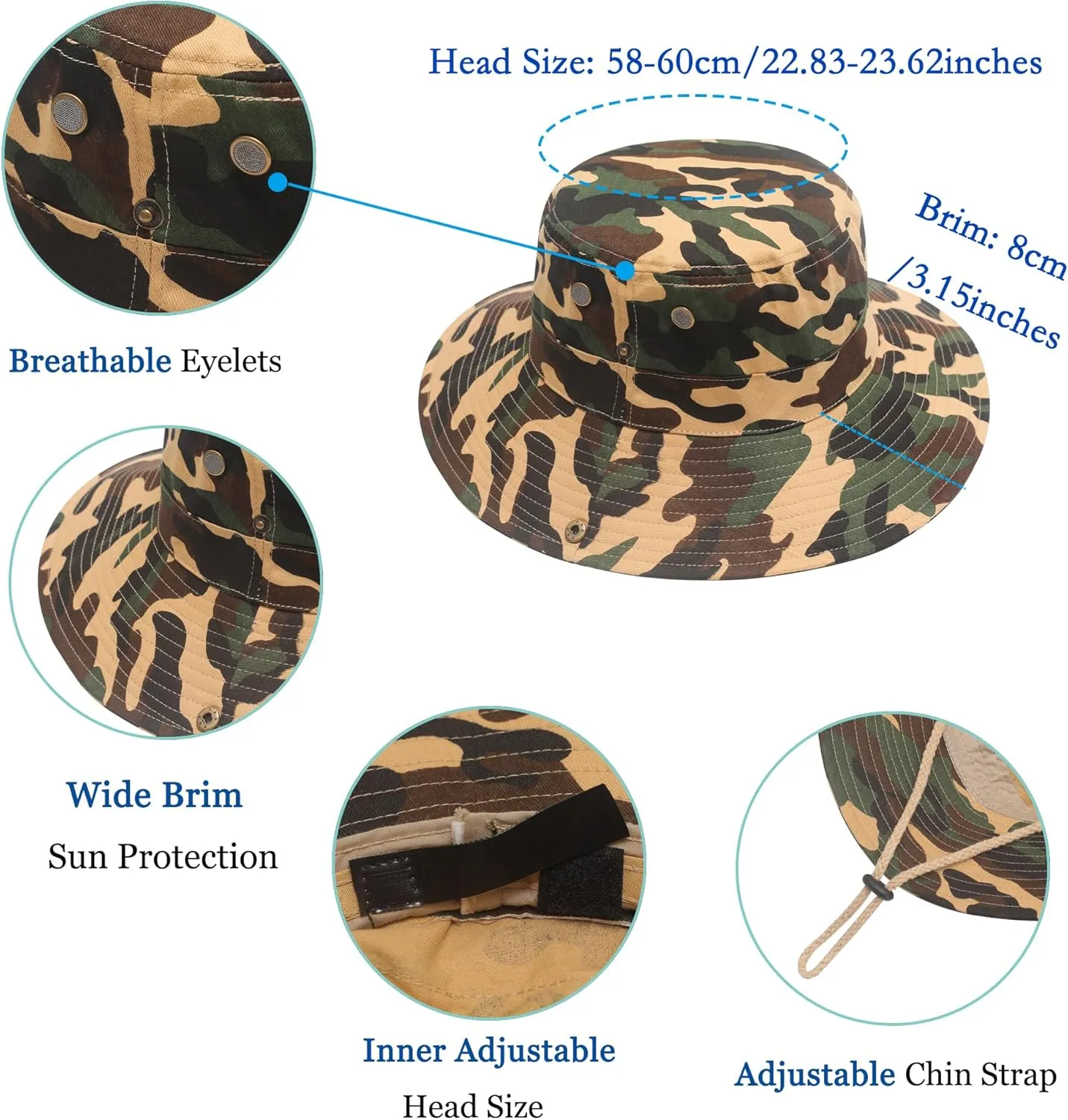 ZLYC Mens Waterproof Camo Sun Hat Wide Brim Packable Outdoor Mesh Fishing Bucket Hats